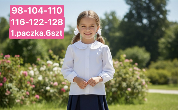 Koszule dziewczęce Roz 98-128, 1 kolor Paczka 6 szt